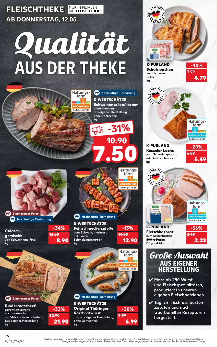 Aktueller Prospekt Kaufland - von 12.05 bis 18.05.2022 - strona 16 - produkty: angebot, bacon, beef, bratwurst, eis, elle, ente, feinschmecker, fleisch, gin, gulasch, Käse, kasseler, lachs, mac, natur, original thüringer, purland, rezept, rind, rinder, ring, roastbeef, rostbratwurst, Schmelzkäse, schwein, schwein und rind, schweine, schweinenacken, sim, Spezi, thüringer rostbratwurst, Ti, wein, weine, würfel, wurst, ZTE