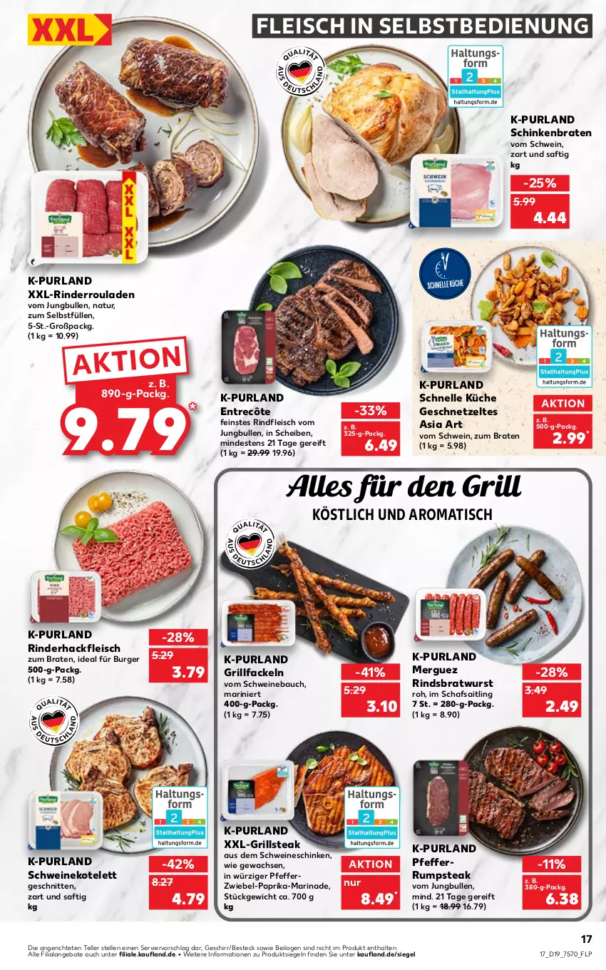 Aktueller Prospekt Kaufland - von 12.05 bis 18.05.2022 - strona 17 - produkty: angebot, angebote, Bau, besteck, braten, bratwurst, burger, eis, elle, entrecôte, fleisch, fleisch in selbstbedienung, geschirr, geschnetzeltes, grill, grillfackeln, hackfleisch, ilag, jungbullen, kotelett, küche, marinade, natur, paprika, pfeffer, purland, rind, rinder, rinderhackfleisch, Rinderroulade, rinderrouladen, rindfleisch, rouladen, rum, rumpsteak, saft, schinken, schinkenbraten, schnitten, schwein, schweine, Schweinebauch, schweinekotelett, steak, teller, Ti, tisch, wein, weine, wurst, Zelt, zwiebel