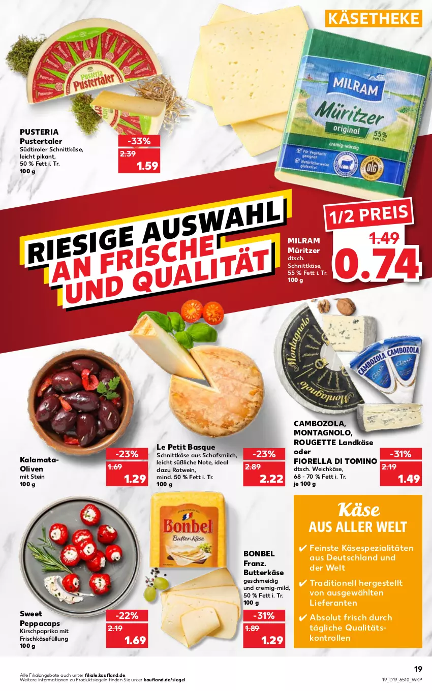 Aktueller Prospekt Kaufland - von 12.05 bis 18.05.2022 - strona 19 - produkty: angebot, angebote, bonbel, butter, butterkäse, cambozola, Cap, eis, frischkäse, HP, Käse, käsetheke, kirsch, landkäse, milch, milram, ndk, olive, oliven, paprika, reis, rel, Ria, rotwein, rouge, rougette, schnittkäse, Spezi, südtiroler, Ti, weichkäse, wein