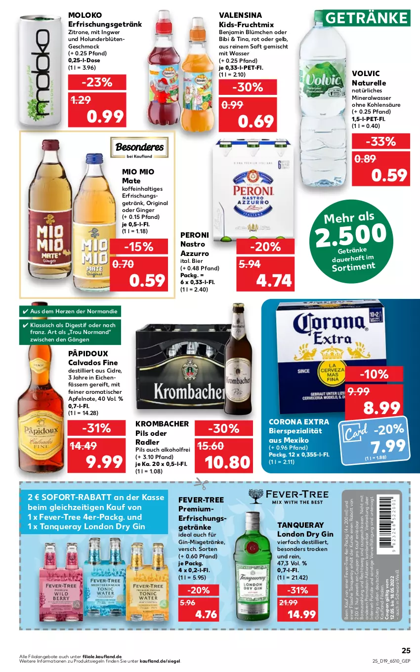 Aktueller Prospekt Kaufland - von 12.05 bis 18.05.2022 - strona 25 - produkty: alkohol, Alwa, angebot, angebote, apfel, auer, bier, Blüte, Brei, corona, corona extra, coupon, dry gin, elle, fever-tree, flasche, frucht, getränk, getränke, gin, ginger, holunder, holunderblüte, ingwer, krombache, krombacher, krombacher pils, london dry, london dry gin, mac, mineralwasser, Mio Mio, Mixgetränk, natur, natürliches mineralwasser, oder radler, Peroni, pils, radler, rel, saft, sofort-rabatt, Spezi, Tanqueray, Ti, tisch, valensina, volvic, wasser, zitrone