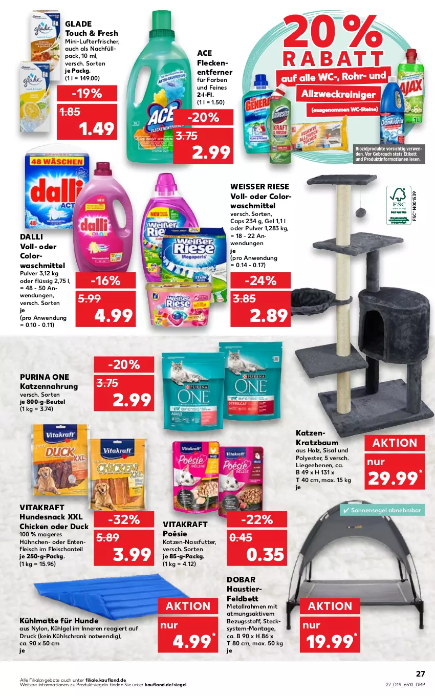 Aktueller Prospekt Kaufland - von 12.05 bis 18.05.2022 - strona 27 - produkty: allzweckreiniger, angebot, angebote, aust, Bau, bett, beutel, Cap, colorwaschmittel, dalli, Duck, eis, ente, Feldbett, Fleckenentferner, fleisch, Glade, Holz, hundesnack, katzennahrung, kraft, Kratzbaum, Kühlmatte Für Hund, kühlschrank, LG, Liege, lufterfrischer, nassfutter, purina, reiniger, Schrank, snack, sonnensegel, Stier, Ti, vita, vitakraft, waschmittel, WC-Steine, weck, Weisser Riese