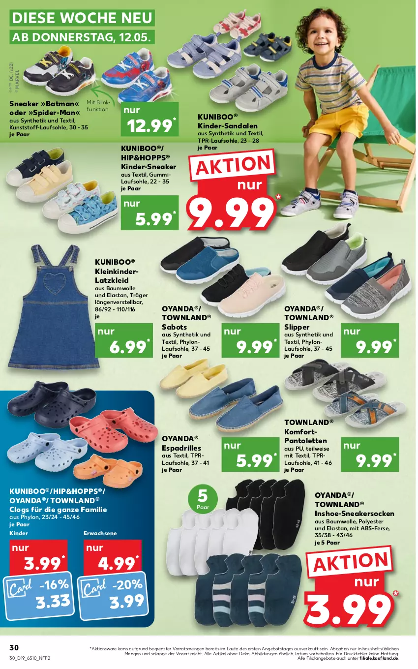 Aktueller Prospekt Kaufland - von 12.05 bis 18.05.2022 - strona 30 - produkty: angebot, angebote, Bau, baumwolle, Clogs, eis, Hylo, Kinder, kleid, pantolette, pantoletten, Sabots, sandale, sandalen, slip, Slipper, sneaker, sneakersocken, socken, spider-man, Ti, wolle, ZTE