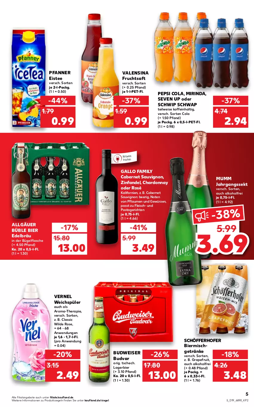 Aktueller Prospekt Kaufland - von 12.05 bis 18.05.2022 - strona 5 - produkty: alkohol, angebot, angebote, bier, budweiser, bügel, bügelflasche, cabernet, cabernet sauvignon, chardonnay, cola, eis, eistee, flasche, fleisch, frucht, fruchtsaft, gallo, gallo family, getränk, getränke, gewürz, grapefruit, jahrgangssekt, Lagerbier, LG, Mirinda, mumm, pasta, Pastagericht, pepsi, Pepsi Cola, pfanne, Pfanner, pflaume, pflaumen, rind, rotwein, saft, sauvignon, schöfferhofer, Schwip Schwap, sekt, tee, Ti, valensina, vernel, weichspüler, wein, Wild