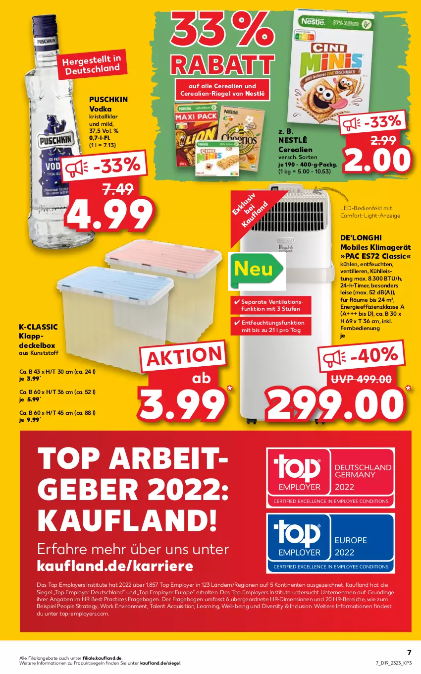 Aktueller Prospekt Kaufland - von 12.05 bis 18.05.2022 - strona 7 - produkty: angebot, angebote, cerealien, De'Longhi, decke, Deckel, eis, ente, fernbedienung, klimagerät, nestlé, puschkin vodka, riegel, Ti, timer, vodka