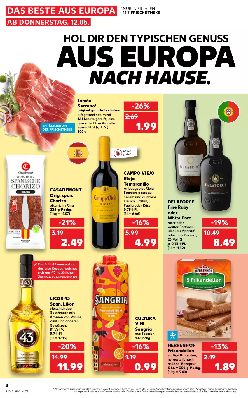 Aktueller Prospekt Kaufland - von 12.05 bis 18.05.2022 - strona 8 - produkty: angebot, aperitif, Bau, braten, campo viejo, chorizo, dell, dessert, eis, elle, fleisch, gewürz, gin, jamón serrano, Käse, licor, licor 43, likör, mac, nuss, paella, Portwein, rezept, Ria, ring, rioja, rohschinken, rotwein, rwe, saft, sangria, schinken, serrano, Spezi, tempranillo, Ti, vanille, wein, ZTE