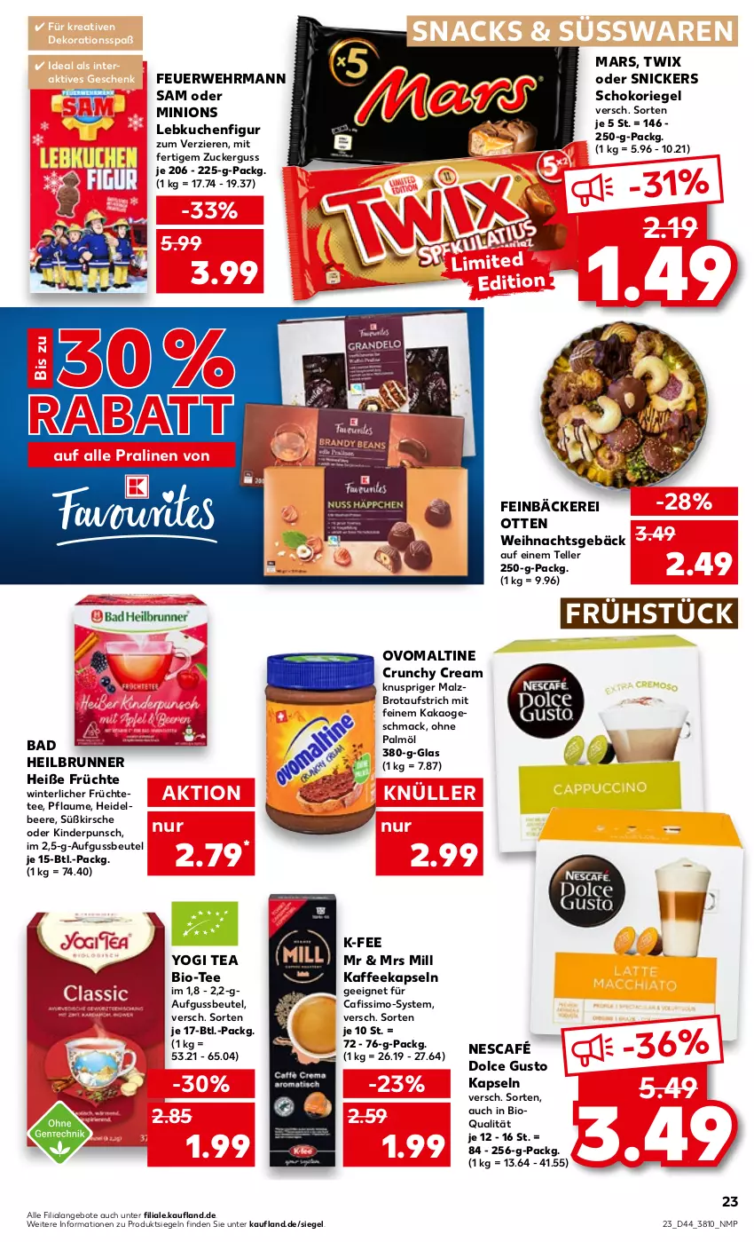 Aktueller Prospekt Kaufland - von 03.11 bis 09.11.2022 - strona 23 - produkty: angebot, angebote, aufstrich, Bad, beere, beutel, bio, brot, brotaufstrich, Cafissimo, dekoration, dolce gusto, ehrmann, elle, früchte, Früchtetee, heidelbeere, kaffee, kaffeekapseln, kakao, Kinder, kirsch, kirsche, kuchen, Lebkuchen, mac, malz, mars, Nescafé, ohne palmöl, ovomaltine, pflaume, pralinen, riegel, rwe, schoko, schokoriegel, sim, snack, snacks, snickers, süsswaren, tee, teller, Ti, twix, Yo, zucker