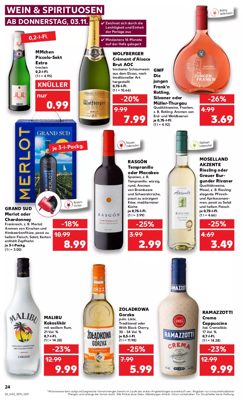 Aktueller Prospekt Kaufland - von 03.11 bis 09.11.2022 - strona 24 - produkty: angebot, aprikose, aprikosen, auer, beere, beeren, Berger, brombeere, brut, Cap, cappuccino, chardonnay, cin, creme, eis, elle, ente, fleisch, grand sud, Hefe, himbeer, Käse, kirsch, kirsche, kirschen, kokos, konfitüre, küche, lack, likör, mac, Malibu, merl, merlot, moselland, Müller, Müller-Thurgau, perla, pfirsich, qualitätswein, qualitätsweine, rama, ramazzott, ramazzotti, riesling, Rivaner, rotwein, rum, sac, salat, sekt, silvaner, spirituosen, tempranillo, Ti, wein, weine, Weißwein, zott, ZTE