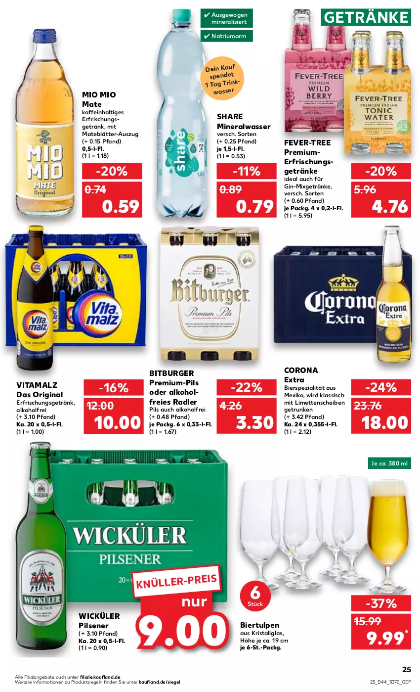 Aktueller Prospekt Kaufland - von 03.11 bis 09.11.2022 - strona 25 - produkty: alkohol, Alwa, angebot, angebote, bier, bitburger, burger, corona, corona extra, eis, erfrischungsgetränk, fever-tree, getränk, getränke, gin, LG, limette, limetten, malz, Mett, metten, mineralwasser, Mio Mio, Mixgetränk, pils, pilsener, radler, Spezi, Ti, vita, vitamalz, wasser, WICK