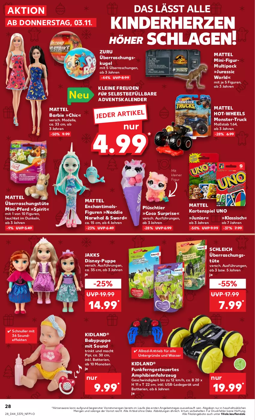 Aktueller Prospekt Kaufland - von 03.11 bis 09.11.2022 - strona 28 - produkty: Adventskalender, angebot, angebote, Barbie, batterie, batterien, dell, disney, elle, Jura, Kartenspiel, Kinder, Kugel, ladegerät, leine, Leuchte, mac, Mattel, Mode, monster, Plüsch, Puppe, Schleich, Ti, Tüte, usb, wasser, ZTE