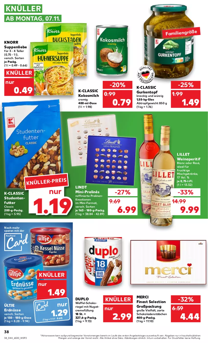 Aktueller Prospekt Kaufland - von 03.11 bis 09.11.2022 - strona 38 - produkty: angebot, aperitif, creme, duplo, eis, elle, ente, erdnüsse, frucht, getränk, getränke, gurke, gurken, knorr, kokos, kokosmilch, lillet, lindt, merci, milch, pralinen, riegel, schoko, schokolade, schokoladen, schokoriegel, studentenfutter, suppe, suppen, suppenliebe, teller, Ti, topf, ültje, ültje erdnüsse, wein, ZTE