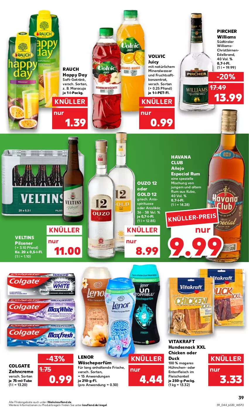 Aktueller Prospekt Kaufland - von 03.11 bis 09.11.2022 - strona 39 - produkty: Alwa, angebot, angebote, Birnen, colgate, creme, Duck, eis, elle, ente, fleisch, frucht, fruchtsaft, getränk, Happy Day, Havana Club, hundesnack, kraft, lenor, LG, likör, maracuja, mineralwasser, ouzo, ouzo 12, pils, pilsener, pircher, Rauch, rum, saft, snack, Spezi, südtiroler, Ti, veltins, veltins pilsener, vita, vitakraft, volvic, wäscheparfüm, wasser, zahncreme