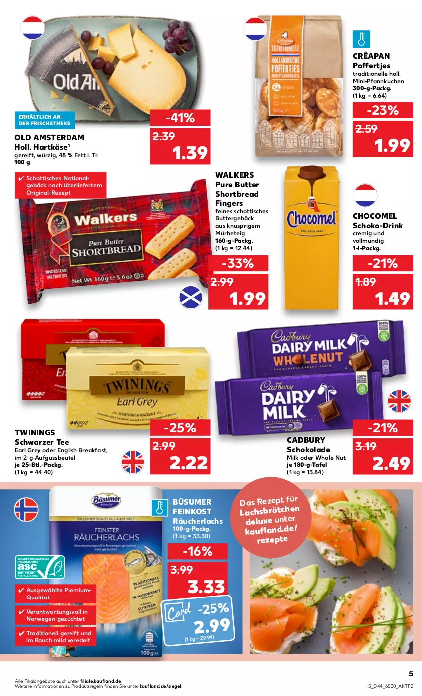 Aktueller Prospekt Kaufland - von 03.11 bis 09.11.2022 - strona 5 - produkty: angebot, angebote, beutel, butter, drink, elle, feinkost, gin, hartkäse, Käse, kuchen, lachs, LG, Old Amsterdam, Pfannkuchen, Poffertjes, Rauch, Räucherlachs, rezept, rezepte, rwe, schoko, schokolade, schott, schwarzer tee, tee, Ti, tisch