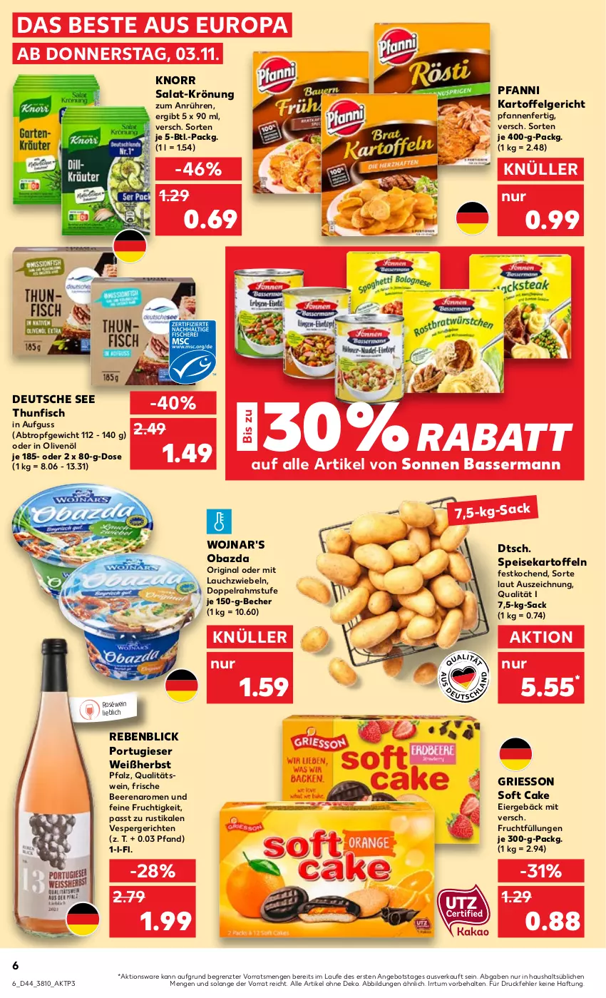 Aktueller Prospekt Kaufland - von 03.11 bis 09.11.2022 - strona 6 - produkty: angebot, Becher, beere, beeren, doppelrahmstufe, eier, eis, fisch, frucht, gin, griesson, in olivenöl, kartoffel, kartoffeln, knorr, Lauchzwiebel, lauchzwiebeln, LG, obazda, olive, oliven, olivenöl, pfanne, pfannen, pfanni, qualitätswein, roséwein, sac, salat, speisekartoffeln, thunfisch, Ti, wein, ZTE, zwiebel, zwiebeln