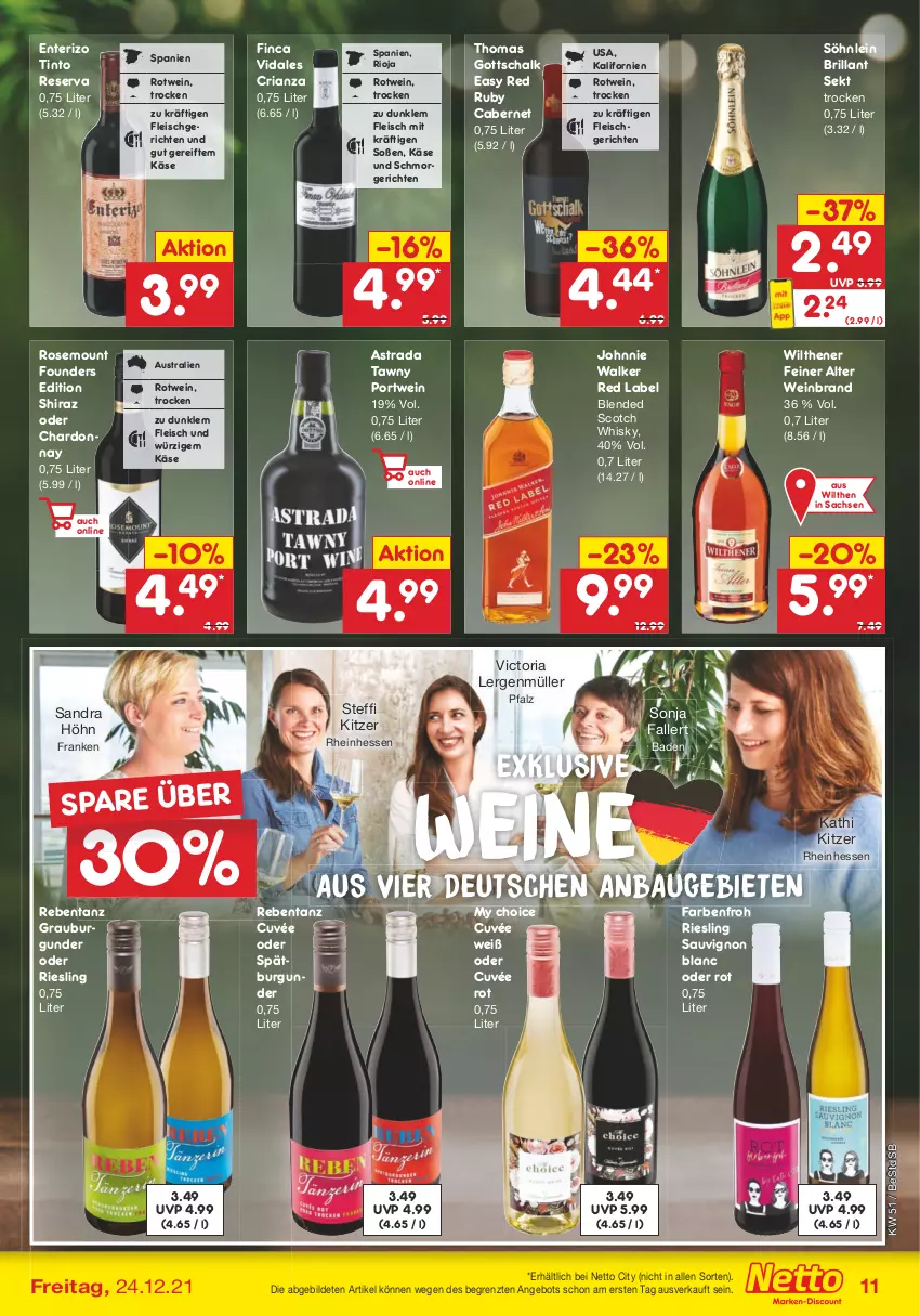 Aktueller Prospekt Netto Marken-Discount - Filial Angebote - von 20.12 bis 24.12.2021 - strona 11 - produkty: angebot, Astra, aust, Bad, Bau, blended scotch, blended scotch whisky, brillant sekt, burgunder, cabernet, chardonnay, cuvée, eis, ente, fleisch, grauburgunder, johnnie walker, Käse, Müller, Portwein, Ria, riesling, rioja, rotwein, sac, sauvignon, sauvignon blanc, Schal, scotch, scotch whisky, sekt, söhnlein, söhnlein brillant, Soße, spätburgunder, Tawny Port, Ti, wein, weinbrand, weine, whisky, wilthener, ZTE