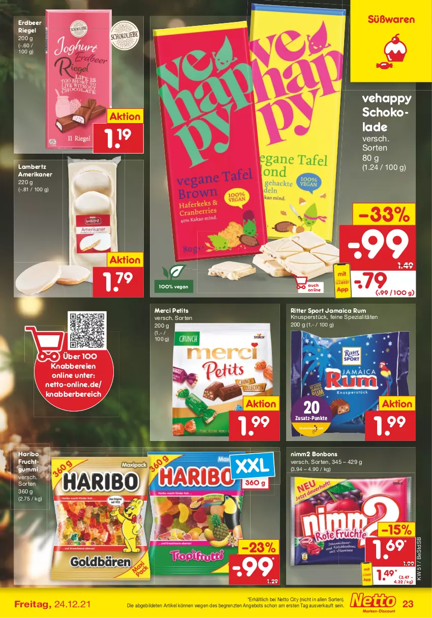 Aktueller Prospekt Netto Marken-Discount - Filial Angebote - von 20.12 bis 24.12.2021 - strona 23 - produkty: Amber, angebot, bonbons, frucht, fruchtgummi, haribo, lambertz, merci, nimm2, riegel, ritter, ritter sport, rum, schoko, schokolade, Spezi, Sport, Ti, ZTE