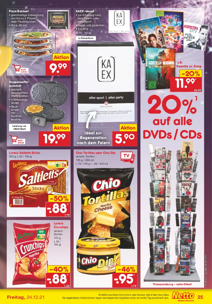 Aktueller Prospekt Netto Marken-Discount - Filial Angebote - von 20.12 bis 24.12.2021 - strona 25 - produkty: angebot, auto, chips, crunchips, dip, dvd, eier, eis, flammkuchen, kuchen, lamm, latte, Leuchte, lorenz, lorenz crunchips, pizza, reis, rel, saltletts, Sport, Ti, tortilla, tortillas, ZTE