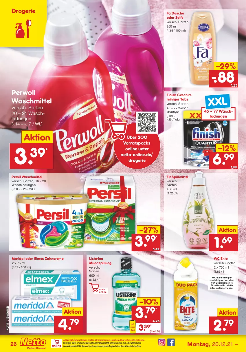 Aktueller Prospekt Netto Marken-Discount - Filial Angebote - von 20.12 bis 24.12.2021 - strona 26 - produkty: creme, dusche, eis, elmex, ente, Finish, geschirr, listerine, meridol, mundspülung, ndk, persil, persil waschmittel, perwoll, Rauch, reiniger, reis, rwe, Seife, spülmittel, spülung, Ti, versandkostenfrei, waschmittel, wc ente, zahncreme