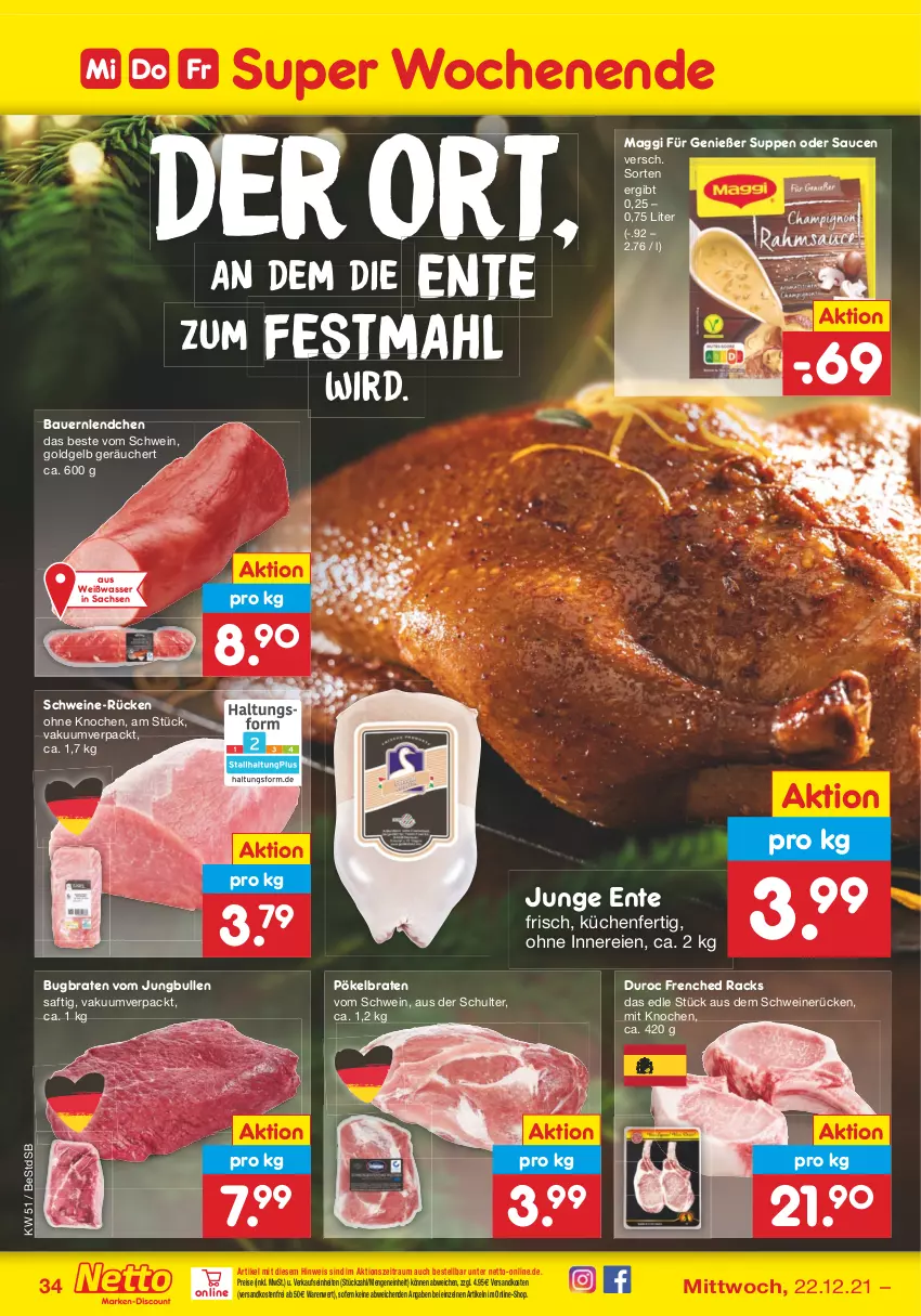 Aktueller Prospekt Netto Marken-Discount - Filial Angebote - von 20.12 bis 24.12.2021 - strona 33 - produkty: auer, Bau, Bauer, braten, eis, ente, jungbullen, küche, Küchen, maggi, ndk, reis, sac, saft, sauce, saucen, schwein, schweine, schweinerücken, suppe, suppen, Ti, versandkostenfrei, wasser, wein, weine