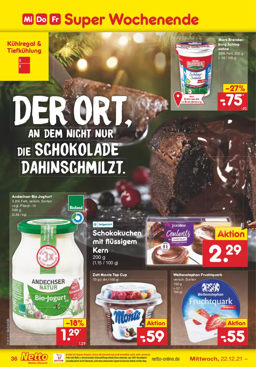 Aktueller Prospekt Netto Marken-Discount - Filial Angebote - von 20.12 bis 24.12.2021 - strona 35 - produkty: bio, eis, frucht, Fruchtquark, joghur, joghurt, kuchen, kühlregal, monte, ndk, quark, regal, reis, rwe, sahne, schlagsahne, schoko, schokolade, Ti, versandkostenfrei, weihenstephan, zott, Zott Monte