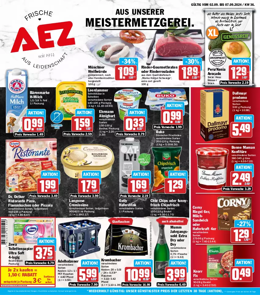 Aktueller Prospekt Aez - Prospekte - von 02.09 bis 07.09.2024 - strona 1 - produkty: adelholzener, alkohol, almighur, almighurt, aufstrich, avocado, bärenmarke, Becher, beutel, bonne maman, braten, brot, brotaufstrich, Buko, butter, chio chips, chips, chipsfrisch, cola, corny, coupon, coupons, cremissimo, dallmayr, dallmayr prodomo, Dr. Oetker, drink, ehrmann, ehrmann almighurt, eis, flammkuchen, flasche, fleisch, frischkäse, Germ, gin, glasflasche, hafer, Haferdrink, hofgut, Holz, jahrgangssekt, Käse, knorr, knorr fix, konfitüre, kraft, krombache, krombacher, kuchen, lamm, langnese, langnese cremissimo, leerdammer, mac, mam, Meister, milch, mumm, nuss, papier, pasta, pizza, prodomo, reis, riegel, rind, rinder, Rinderroulade, rinderrouladen, ristorante, ristorante pizza, rouladen, salat, sandwich, schnittkäse, sekt, sim, Ti, Tiere, toilettenpapier, zewa, ZTE