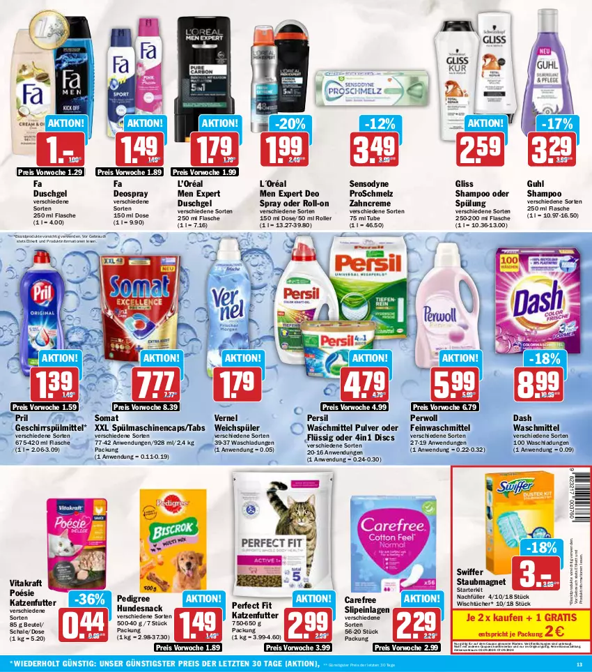 Aktueller Prospekt Aez - Prospekte - von 02.09 bis 07.09.2024 - strona 13 - produkty: beutel, bio, biozidprodukte, Cap, carefree, coupon, coupons, creme, deo, deo spray, deospray, duschgel, eis, fa duschgel, feinwaschmittel, flasche, geschirr, geschirrspülmittel, gin, gliss, Guhl, hundesnack, katzenfutter, kraft, L´Oréal, pedigree, Perfect Fit, persil, persil waschmittel, perwoll, pril, Rauch, reis, roll-on, Roller, rwe, Schal, Schale, sensodyne, shampoo, shampoo oder spülung, slip, slipeinlagen, snack, somat, spülmaschinen, spülmittel, spülung, staubmagnet, swiffer, Ti, tücher, vernel, vita, vitakraft, waschmittel, weichspüler, zahncreme, ZTE