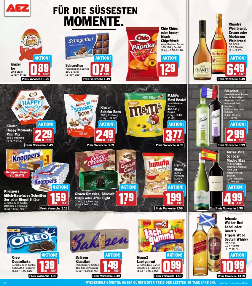 Aktueller Prospekt Aez - Prospekte - von 02.09 bis 07.09.2024 - strona 14 - produkty: after eight, bahlsen, beutel, chantré, chio chips, chips, chipsfrisch, choclait chips, choco crossies, creme, crossies, eis, ente, finesse, flasche, frucht, Grant‘s, hanuta, haselnuss, johnnie walker, keks, Kinder, knoppers, lachgummi, mariacron, milch, nimm2, nuss, oreo, reis, Ria, riegel, schnitten, schogetten, schoko, scotch, scotch whisky, Ti, wein, weinbrand, whisky, ZTE