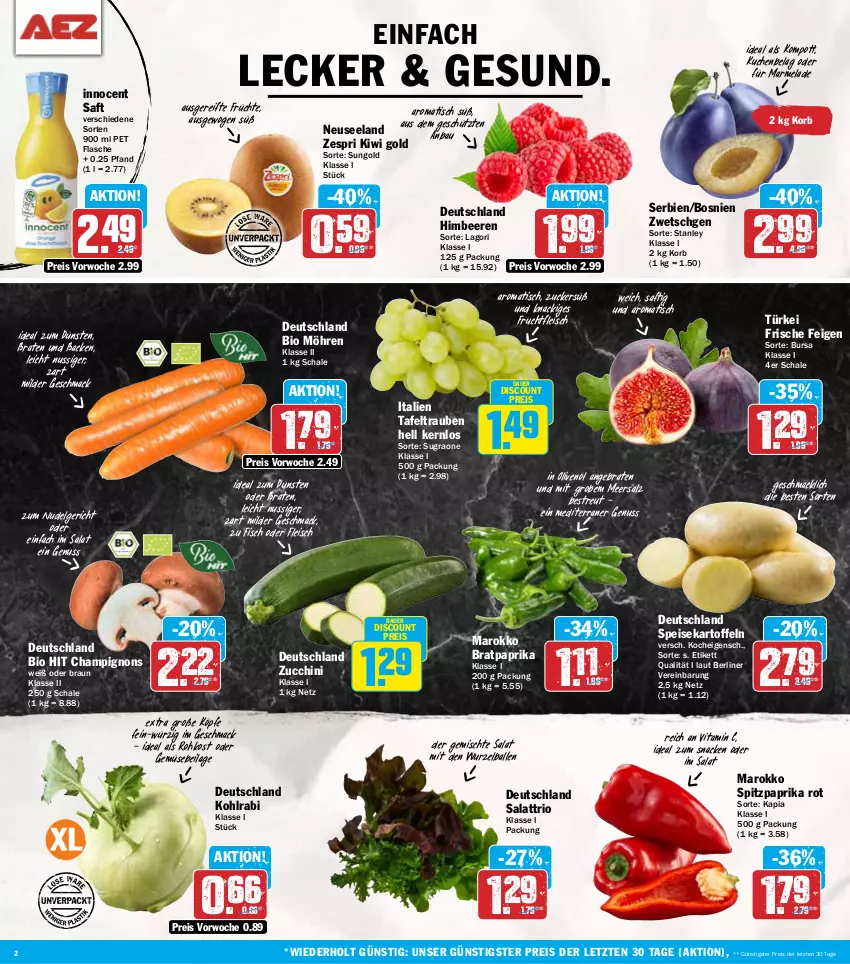 Aktueller Prospekt Aez - Prospekte - von 02.09 bis 07.09.2024 - strona 2 - produkty: auer, ball, Bau, beere, beeren, berliner, bio, bio hit, braten, braun, champignon, champignons, discount, eis, Elan, Feigen, fisch, flasche, fleisch, frucht, früchte, fruchtfleisch, himbeer, himbeere, himbeeren, ilag, in olivenöl, Innocent, kartoffel, kartoffeln, kiwi, Kiwi Gold, kohlrabi, korb, kuchen, LG, mac, marmelade, meersalz, möhren, nudel, Nudelgericht, nuss, olive, oliven, olivenöl, paprika, paprika rot, reis, saft, salat, salz, Schal, Schale, snack, speisekartoffeln, Spitzpaprika, tafeltrauben, Ti, tisch, trauben, vita, Vitamin C, zespri, ZTE, zucchini, zucker