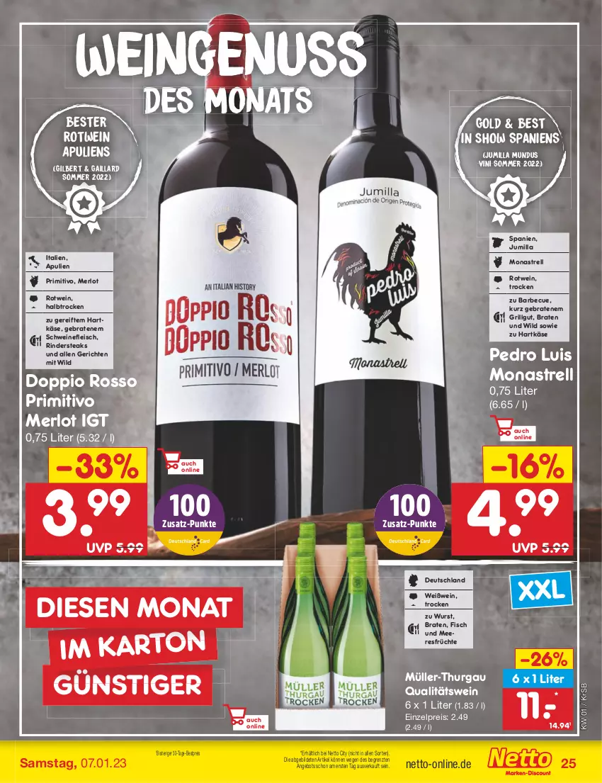 Aktueller Prospekt Netto Marken-Discount - Filial-Angebote - von 02.01 bis 07.01.2023 - strona 25 - produkty: angebot, barbecue, bestpreis, braten, eis, fisch, Fisch und Meeresfrüchte, fleisch, früchte, grill, hartkäse, Käse, LG, meeresfrüchte, merl, merlot, Müller, Müller-Thurgau, nuss, primitivo, qualitätswein, reis, rel, rind, rinder, Rindersteak, rotwein, schwein, schweine, schweinefleisch, steak, steaks, Ti, wein, weine, Weißwein, Wild, wurst, ZTE