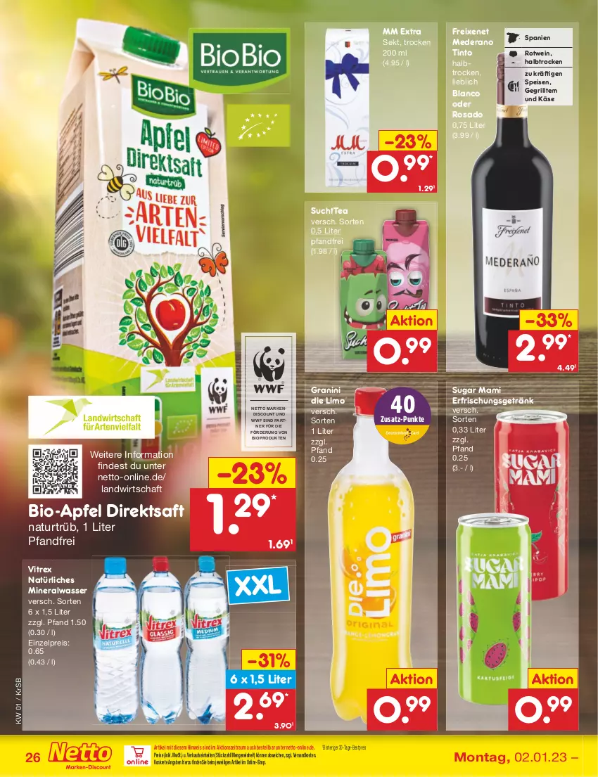 Aktueller Prospekt Netto Marken-Discount - Filial-Angebote - von 02.01 bis 07.01.2023 - strona 26 - produkty: Alwa, apfel, bestpreis, bio, direktsaft, discount, eis, erfrischungsgetränk, freixenet, getränk, granini, granini die limo, grill, Käse, limo, mam, mineralwasser, mm extra, natur, natürliches mineralwasser, ndk, reis, rotwein, saft, sekt, Ti, vitrex, wasser, wein