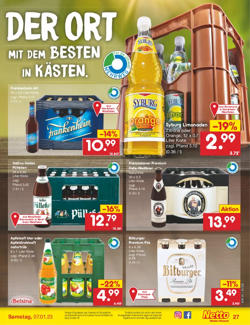 Aktueller Prospekt Netto Marken-Discount - Filial-Angebote - von 02.01 bis 07.01.2023 - strona 27 - produkty: angebot, apfel, Apfeldirektsaft, apfelsaft, bestpreis, bier, bitburger, burger, direktsaft, eis, elle, franziskaner, Hefe, limo, limonade, limonaden, natur, orange, pils, premium pils, reis, saft, Ti, veltins, zitrone, ZTE