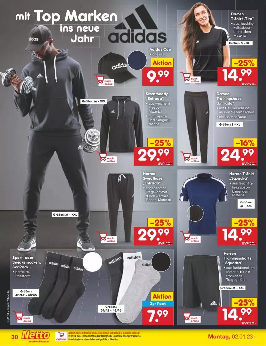 Aktueller Prospekt Netto Marken-Discount - Filial-Angebote - von 02.01 bis 07.01.2023 - strona 30 - produkty: Adidas, asti, bier, Biere, Cap, damen t-shirt, eis, elle, hose, ndk, quad, reis, Ria, shirt, shorts, sneaker, sneakersocken, socken, Sport, Sweathose, T-Shirt, Tasche, taschen, Ti, tisch, Trainingshose