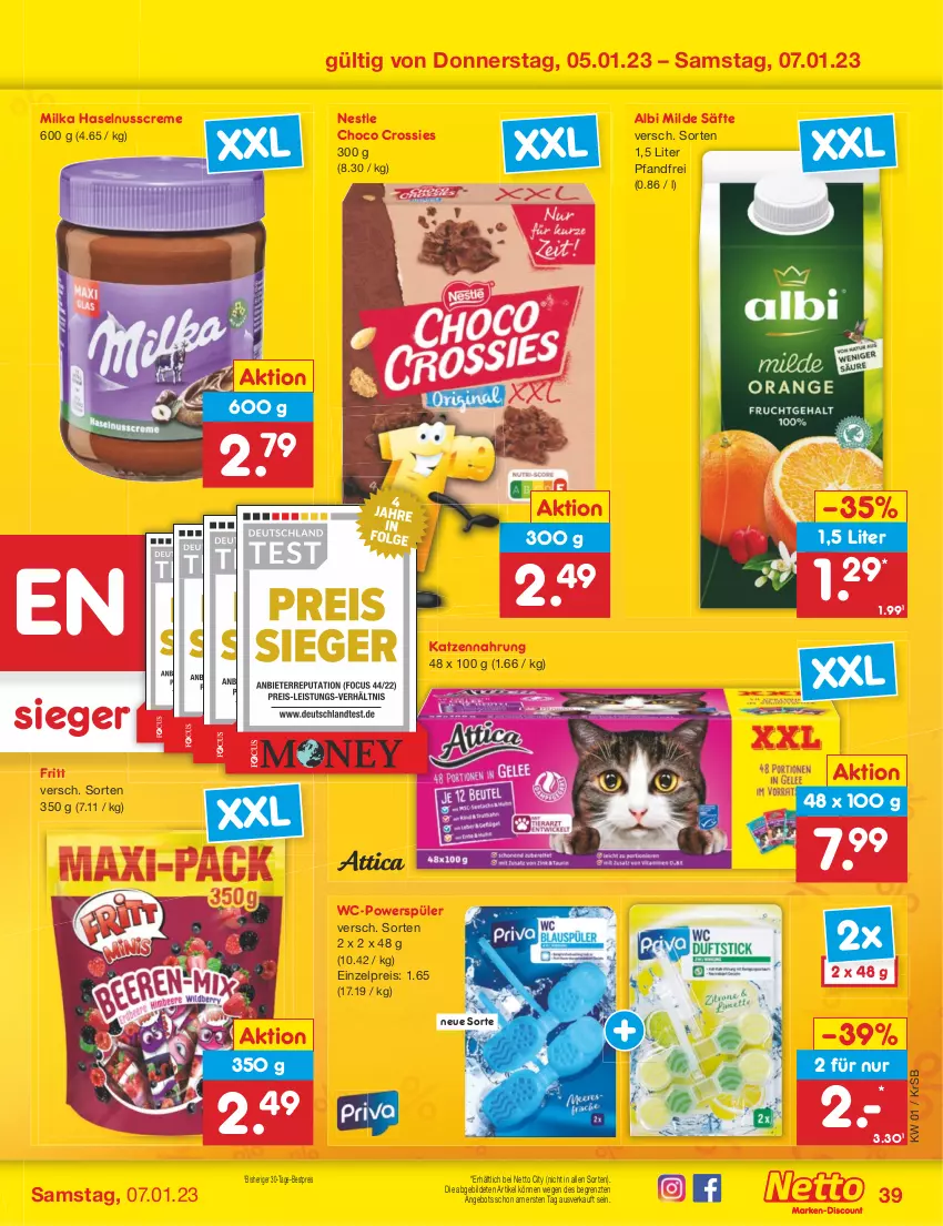 Aktueller Prospekt Netto Marken-Discount - Filial-Angebote - von 02.01 bis 07.01.2023 - strona 39 - produkty: angebot, bestpreis, choco crossies, creme, crossies, eis, haselnuss, Haselnusscreme, katzennahrung, milka, nuss, reis, säfte, Ti, ZTE