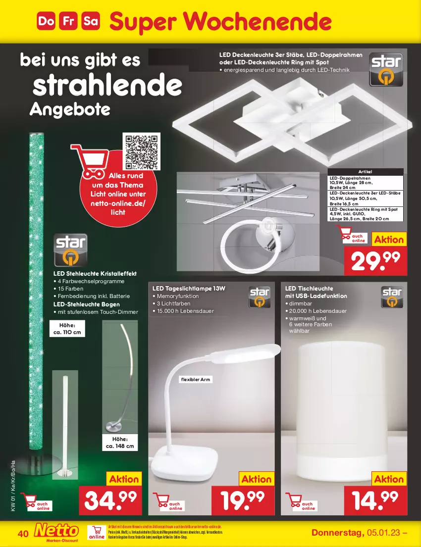 Aktueller Prospekt Netto Marken-Discount - Filial-Angebote - von 02.01 bis 07.01.2023 - strona 40 - produkty: angebot, angebote, auer, batterie, Brei, decke, deckenleuchte, dimmer, eis, fernbedienung, Lampe, LED Deckenleuchte, LED Tischleuchte, led-deckenleuchte, led-stehleuchte, Leuchte, ndk, reis, ring, stehleuchte, Tageslichtlampe, Ti, tisch, tischleuchte, usb