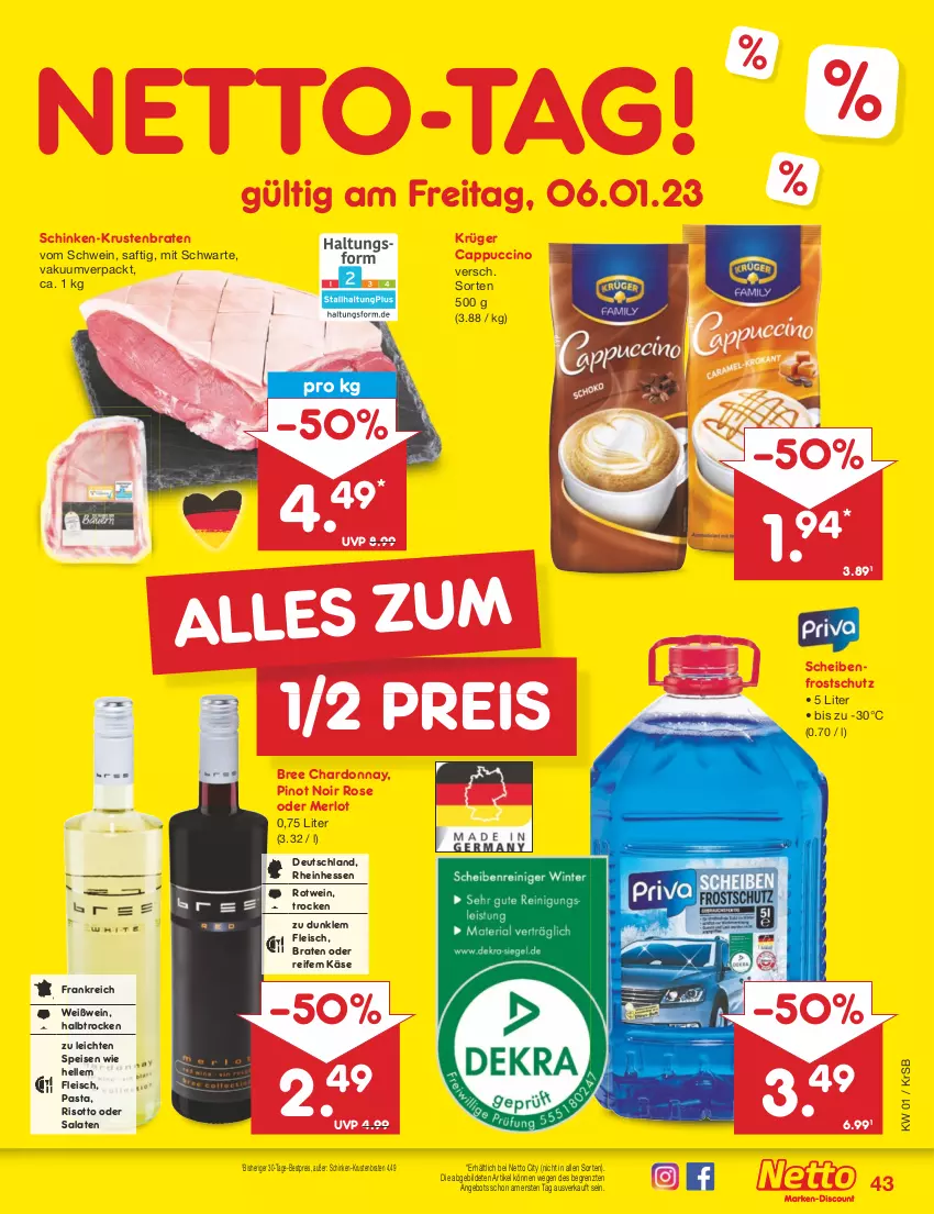 Aktueller Prospekt Netto Marken-Discount - Filial-Angebote - von 02.01 bis 07.01.2023 - strona 43 - produkty: angebot, bestpreis, braten, bree, Cap, cappuccino, chardonnay, cin, eis, elle, fleisch, Käse, krüger, krustenbraten, merl, merlot, pasta, Pinot, pinot noir, reis, risotto, rotwein, saft, salat, salate, Scheibenfrostschutz, schinken, schwein, Ti, wein, Weißwein, ZTE