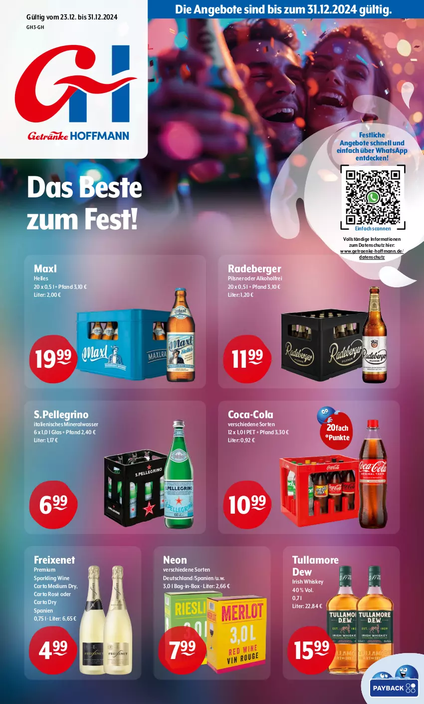 Aktueller Prospekt Getraenke Hoffmann - Prospekte - von 23.12 bis 31.12.2024 - strona 1 - produkty: alkohol, Alwa, angebot, angebote, bag-in-box, Berger, coca-cola, cola, decke, elle, freixenet, irish whiskey, mineralwasser, pils, pilsner, radeberger, Ti, tullamore, tullamore dew, wasser, whiskey