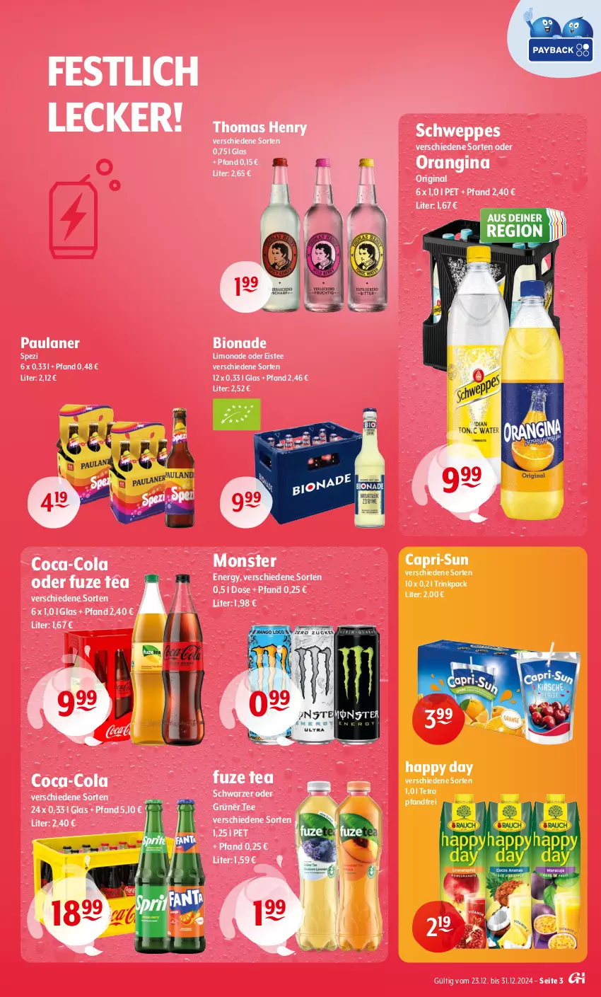 Aktueller Prospekt Getraenke Hoffmann - Prospekte - von 23.12 bis 31.12.2024 - strona 3 - produkty: bio, bionade, Cap, capri-sun, coca-cola, cola, eis, eistee, fuze tea, gin, grüner tee, Happy Day, limo, limonade, monster, Monster Energy, orangina, Paula, paulaner, schweppes, Spezi, tee, thomas henry, Ti