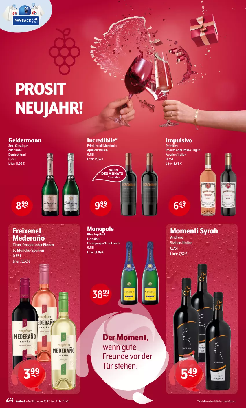 Aktueller Prospekt Getraenke Hoffmann - Prospekte - von 23.12 bis 31.12.2024 - strona 4 - produkty: brut, champagne, freixenet, geldermann, Momenti Syrah, primitivo, Ria, rosato, sekt, Ti, wein