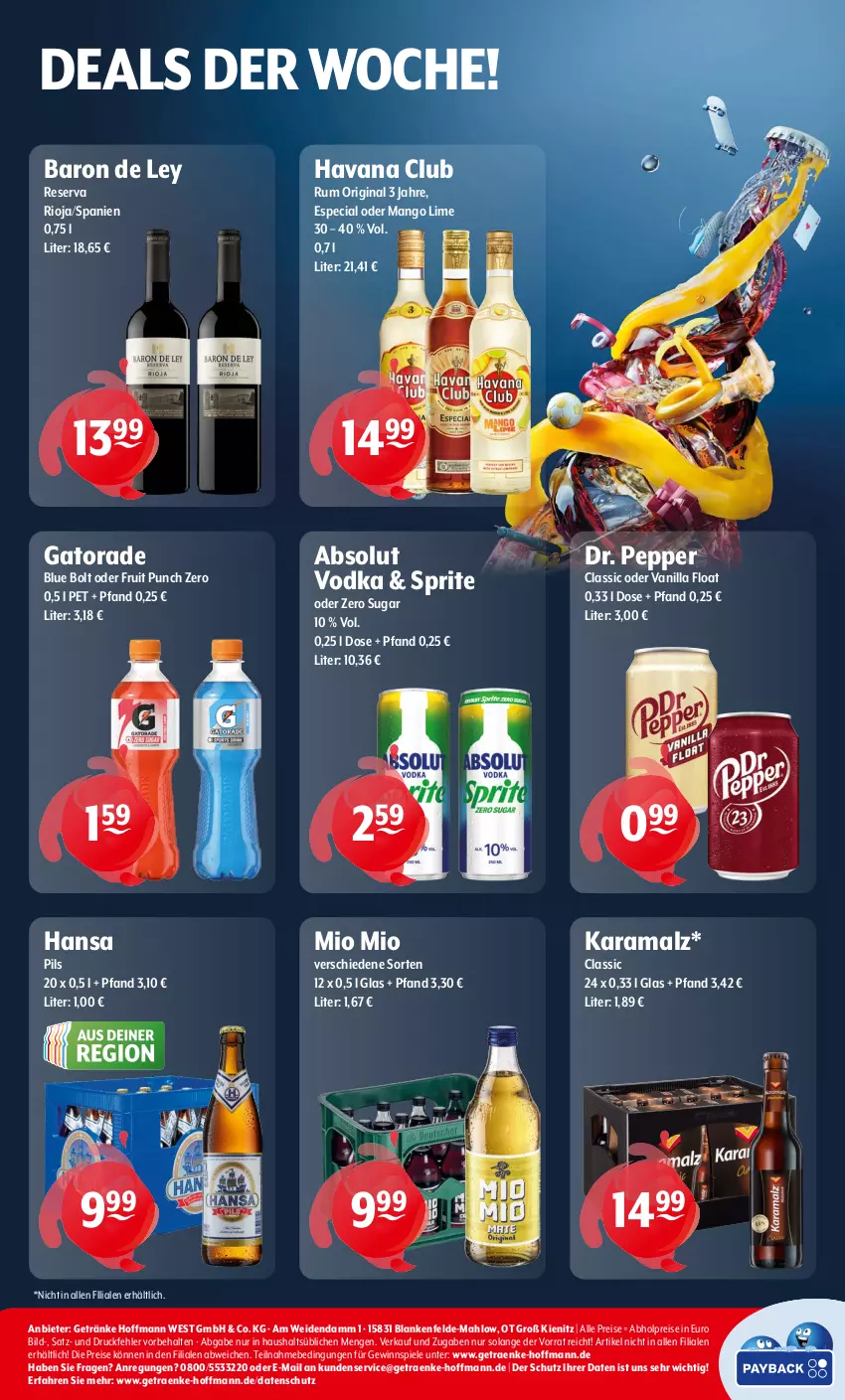 Aktueller Prospekt Getraenke Hoffmann - Prospekte - von 23.12 bis 31.12.2024 - strona 8 - produkty: abholpreise, Absolut Vodka, eis, getränk, getränke, gewinnspiel, gin, Havana Club, karamalz, malz, mango, Mio Mio, pils, rama, reis, rioja, rum, Spiele, sprite, Ti, vodka