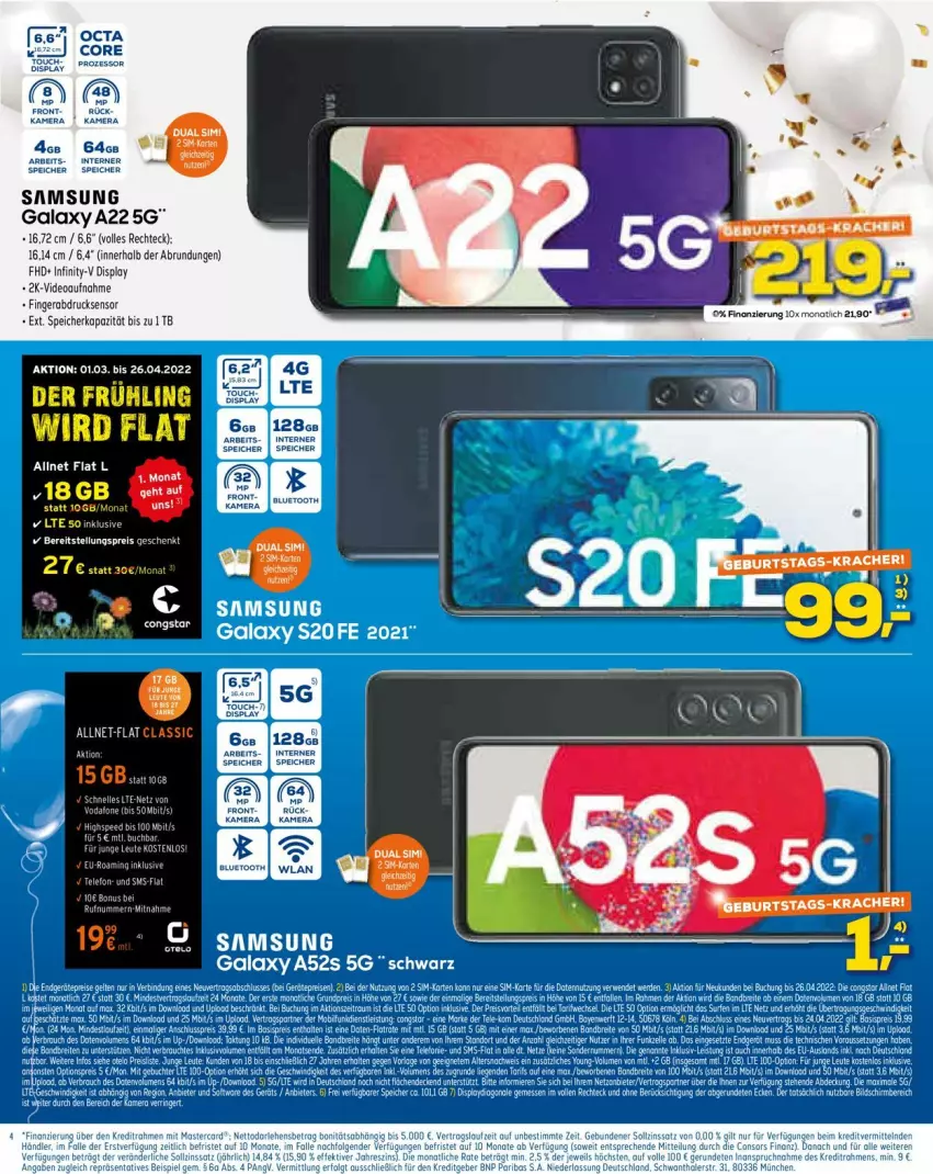 Aktueller Prospekt Euronics - Prospekte - von 30.03 bis 06.04.2022 - strona 4 - produkty: allnet flat, congstar, deo, elle, fingerabdrucksensor, kamera, Samsung, samsung galaxy, Samsung Galaxy A, Samsung Galaxy S, tee, Ti, Yo