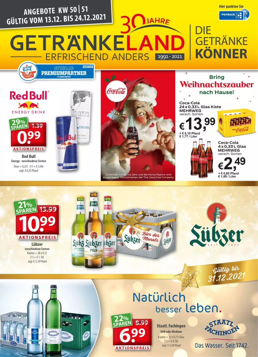 Aktueller Prospekt Getraenkeland - von 13.12 bis 24.12.2021 - strona 1 - produkty: aktionspreis, bier, coca-cola, cola, drink, eis, Elan, energy drink, Lübzer, red bull, reis, ring, rwe, Staatl. Fachingen, Ti, wasser