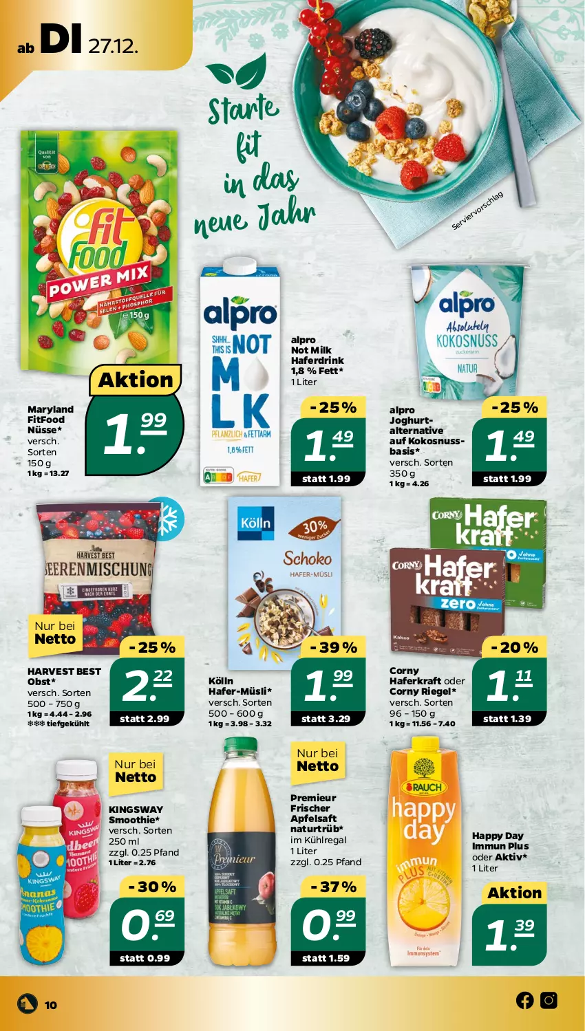 Aktueller Prospekt Netto - Woche 52 - von 26.12 bis 31.12.2022 - strona 10 - produkty: alpro, apfel, apfelsaft, corny, drink, gsw, hafer, Haferdrink, Happy Day, joghur, joghurt, kokos, kokosnuss, kölln, kraft, kühlregal, müsli, natur, nuss, obst, regal, riegel, saft, smoothie, Ti