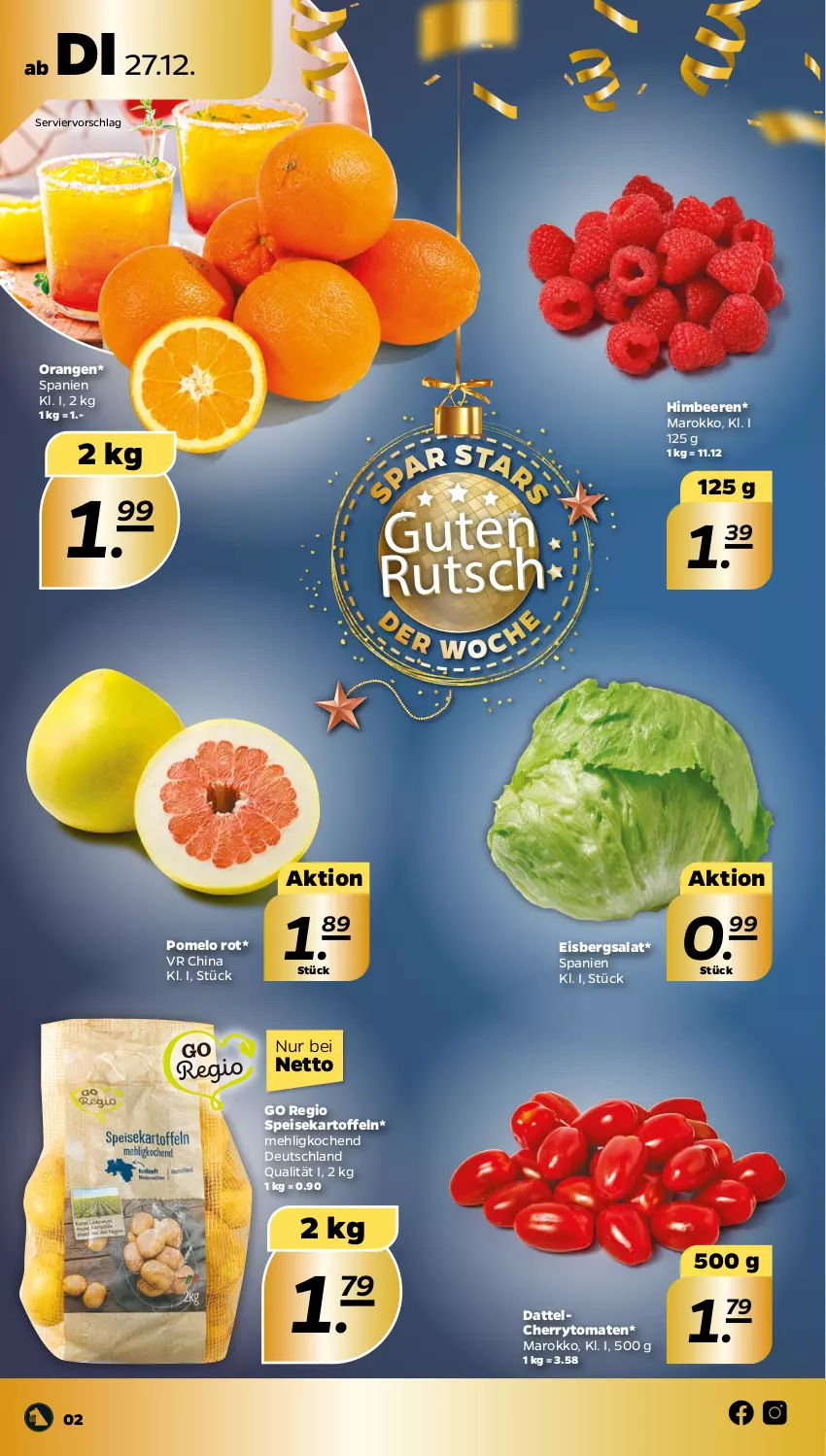 Aktueller Prospekt Netto - Woche 52 - von 26.12 bis 31.12.2022 - strona 2 - produkty: beere, beeren, cherrytomaten, eis, eisbergsalat, himbeer, himbeere, himbeeren, kartoffel, kartoffeln, mehl, orange, orangen, Pomelo, salat, speisekartoffeln, Ti, tomate, tomaten