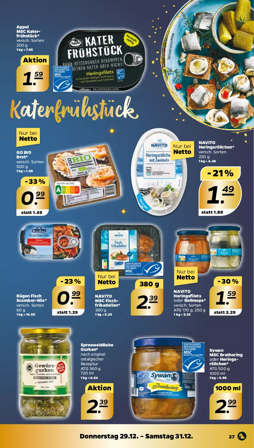 Aktueller Prospekt Netto - Woche 52 - von 26.12 bis 31.12.2022 - strona 27 - produkty: bio, brot, dell, elle, filet, filets, fisch, frikadellen, gin, gurke, gurken, hering, Herings, heringsfilets, LG, rezept, ring, Ti