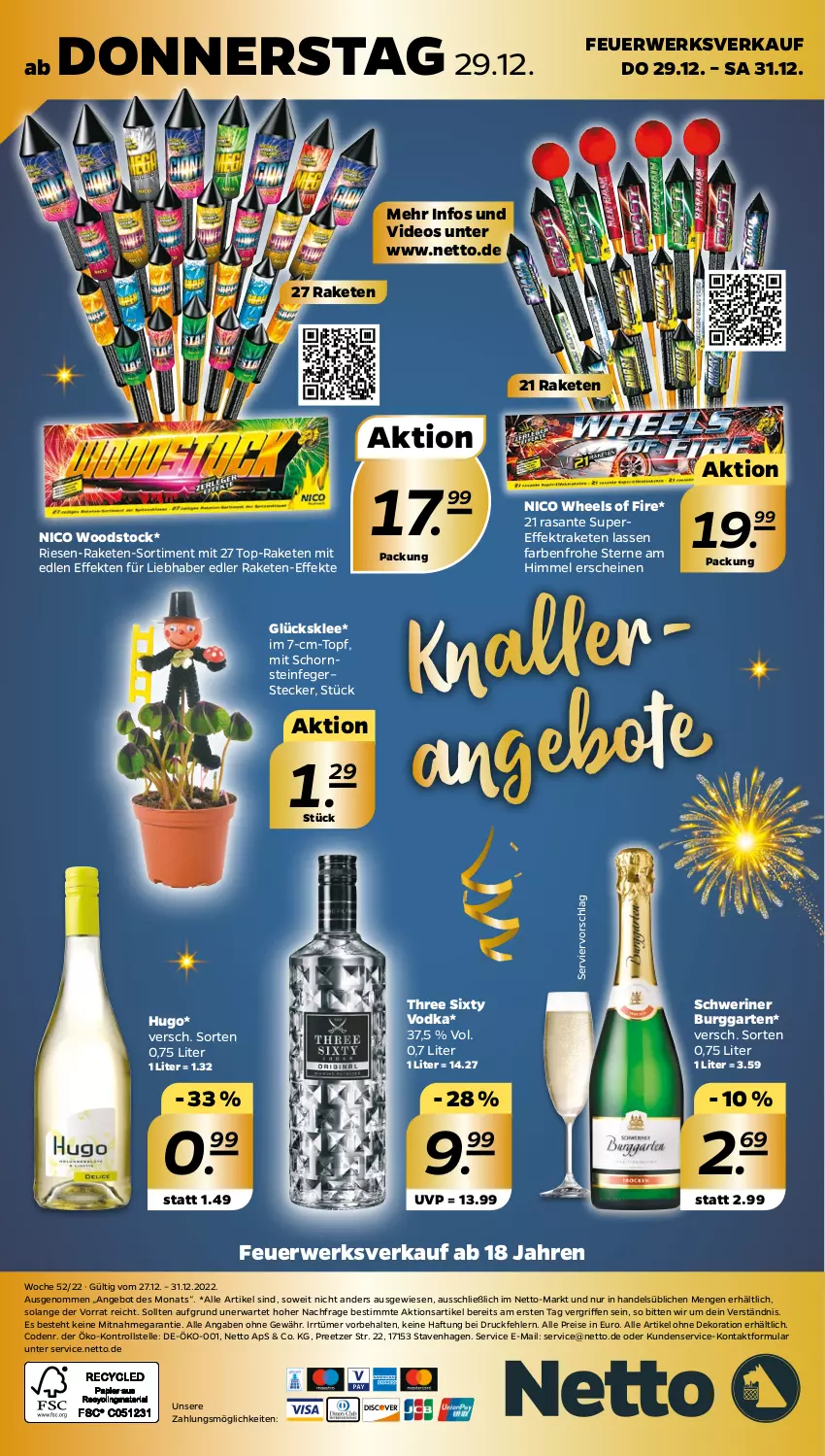 Aktueller Prospekt Netto - Woche 52 - von 26.12 bis 31.12.2022 - strona 28 - produkty: alle artikel ohne dekoration, angebot, dekoration, deo, eis, elle, Garten, glücksklee, hugo, Raketen, reis, rwe, SANTE, Schornsteinfeger, Three Sixty, Ti, topf, vodka