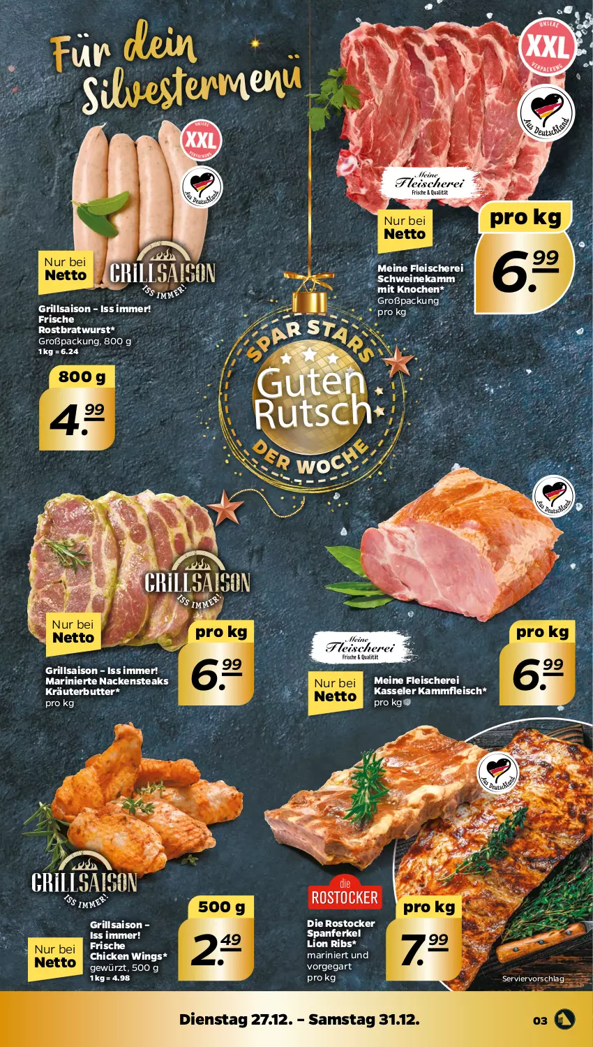 Aktueller Prospekt Netto - Woche 52 - von 26.12 bis 31.12.2022 - strona 3 - produkty: bratwurst, butter, chicken wings, deit, eis, fleisch, Fleischerei, gewürz, grill, kasseler, kräuter, kräuterbutter, lion, Nackensteak, nackensteaks, rostbratwurst, Rostocker, Schere, schwein, schweine, steak, steaks, wein, weine, wurst