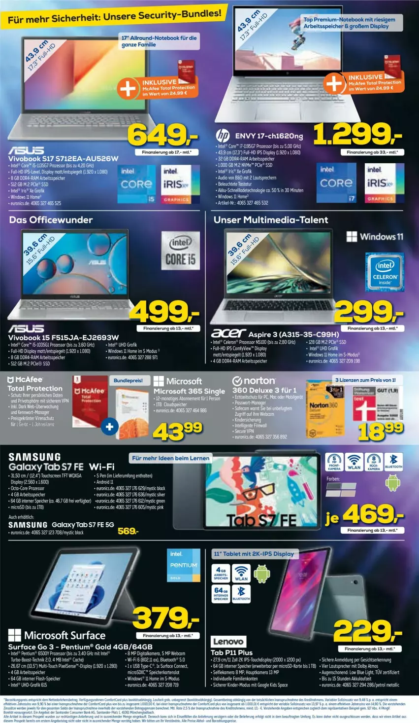 Aktueller Prospekt Euronics - Prospekte - von 24.08 bis 31.08.2022 - strona 4 - produkty: eier, eis, elle, ente, Intel, Kinder, lautsprecher, lenovo, microsd, notebook, Pentium, reis, rel, rwe, Samsung, samsung galaxy, spiegel, ssd, Surf, Ti, touchscreen, uhd, usb, VivoBook