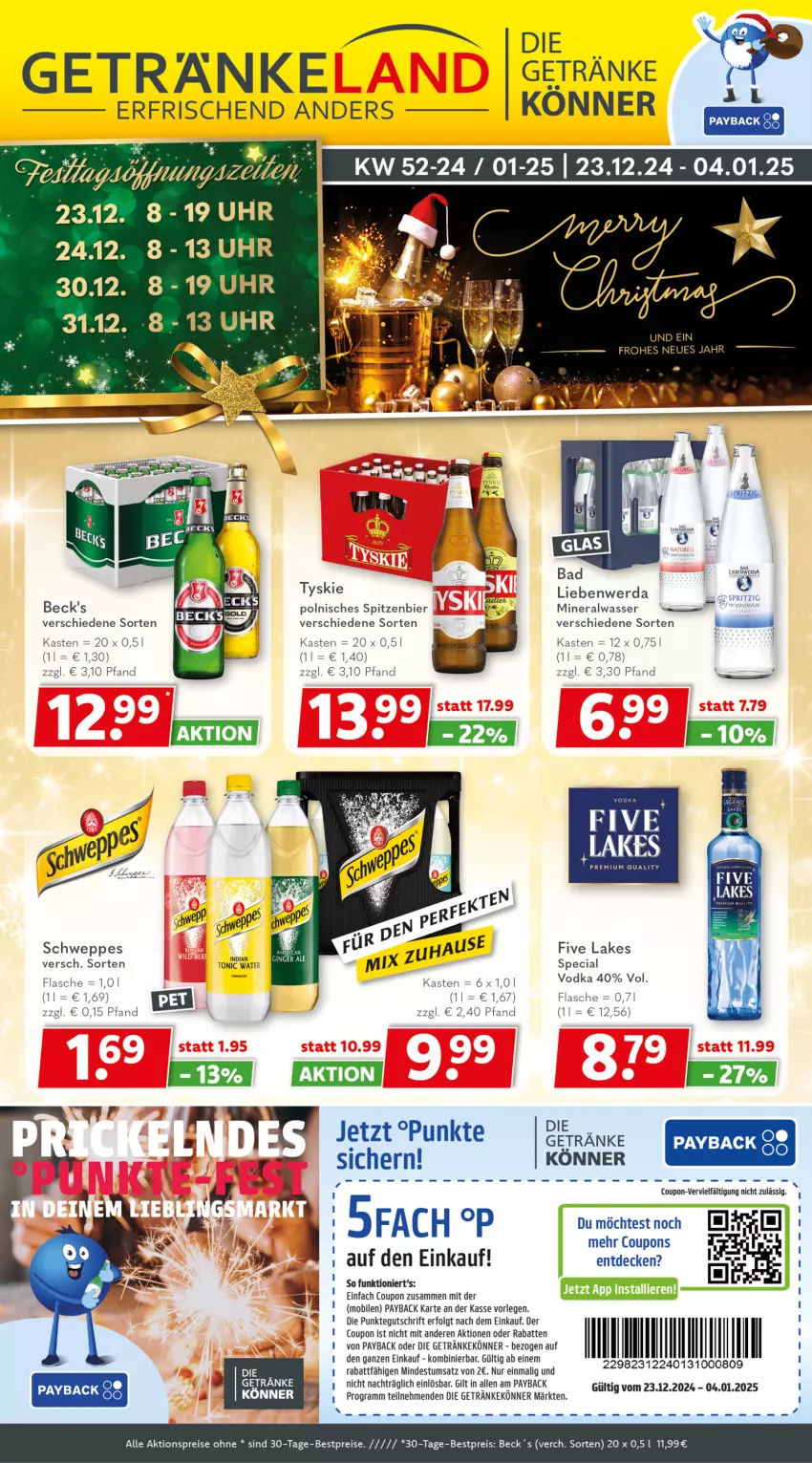 Aktueller Prospekt Getraenkeland - von 23.12.2024 bis 04.01.2025 - strona 1 - produkty: aktionspreis, Alwa, Bad, becks, bestpreis, bestpreise, bier, coupon, coupons, decke, eis, flasche, getränk, getränke, LG, mineralwasser, payback, reis, schweppes, Ti, tonic, tonic water, tyskie, uhr, vodka, wasser