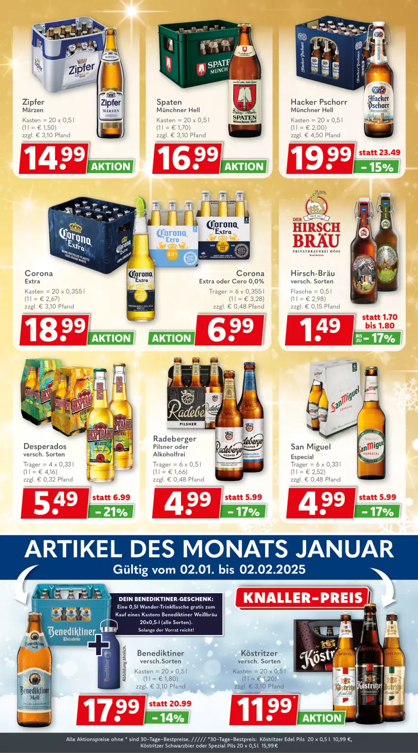 Aktueller Prospekt Getraenkeland - von 23.12.2024 bis 04.01.2025 - strona 3 - produkty: aktionspreis, alkohol, auer, Benediktiner, Berger, bestpreis, bestpreise, bier, corona, desperados, eis, flasche, hacker pschorr, köstritzer, pils, pilsner, radeberger, reis, Spaten, Spezi, Ti, trinkflasche, Zipfer