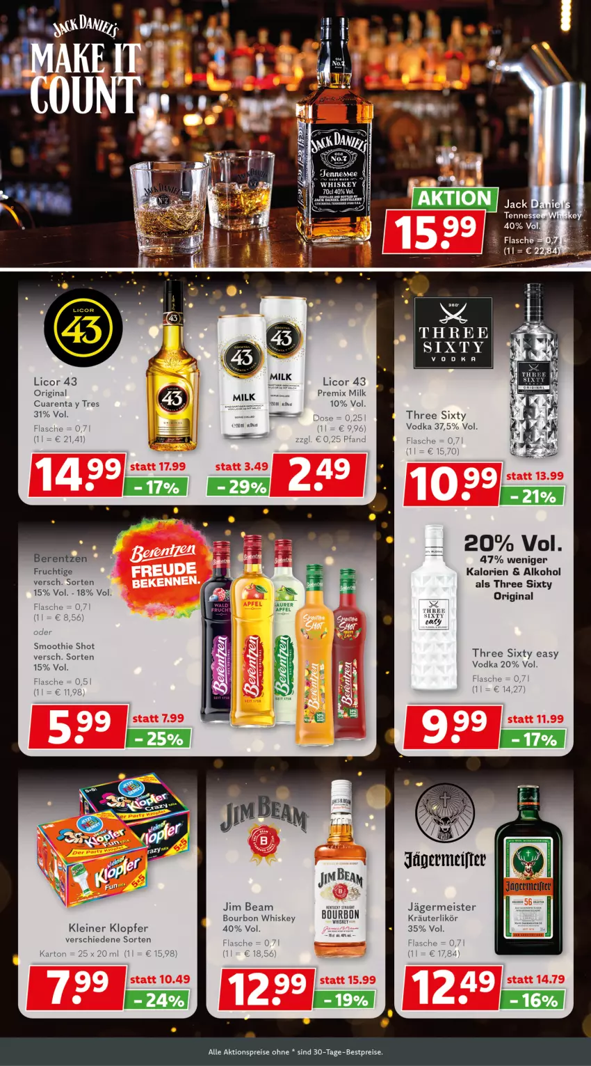 Aktueller Prospekt Getraenkeland - von 23.12.2024 bis 04.01.2025 - strona 5 - produkty: aktionspreis, alkohol, bestpreis, bestpreise, bourbon, bourbon whiskey, eis, flasche, frucht, Germ, gin, jägermeister, jim beam, kleiner klopfer, kräuter, kräuterlikör, leine, licor, licor 43, likör, Meister, reis, smoothie, Three Sixty, Ti, vodka, whiskey