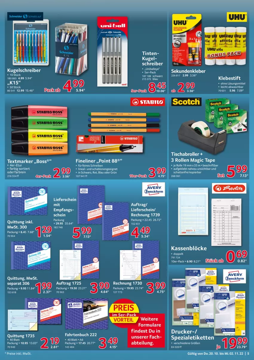 Aktueller Prospekt Selgros - Büro - von 20.10 bis 02.11.2022 - strona 5 - produkty: Abtei, Bad, bett, boss, Brei, buch, drucker, eis, elle, ente, Fineliner, gin, kleber, Kugel, kugelschreiber, reis, Roller, scotch, stabilo, tee, textmarker, Ti, tisch, weck